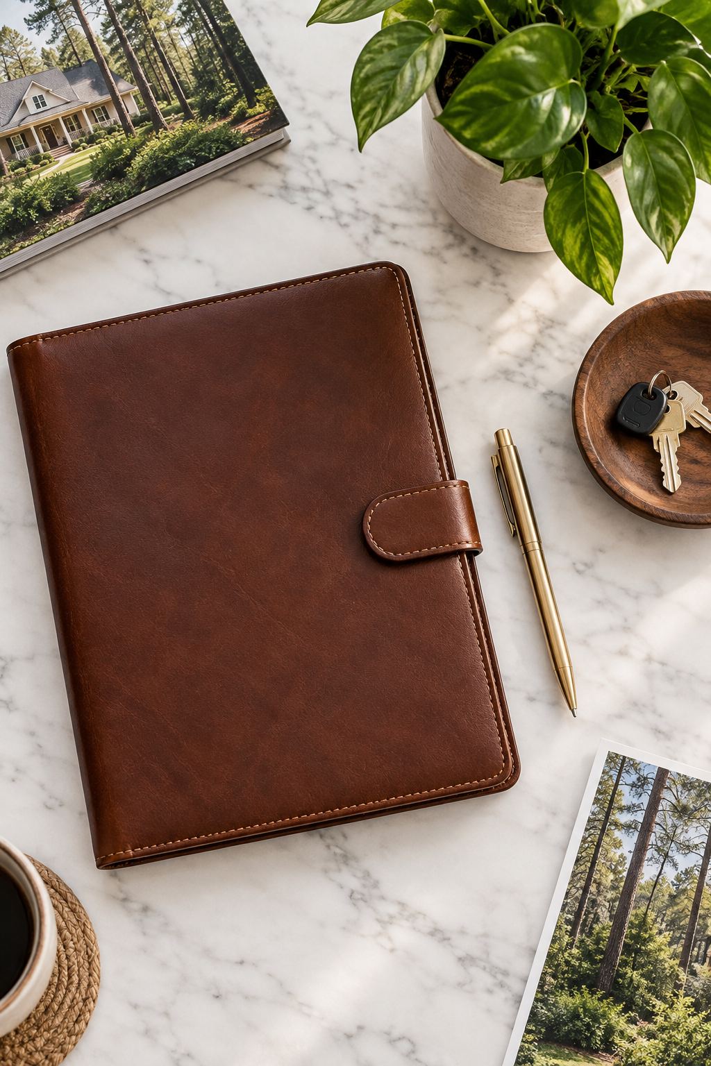 Desk flat-lay, illustrative