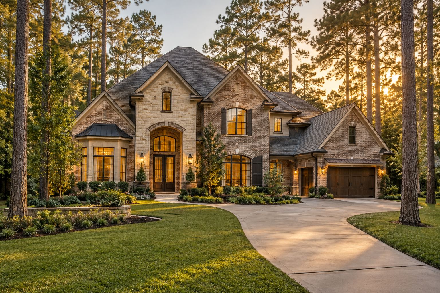 A The Woodlands Texas home among pine trees, illustrative