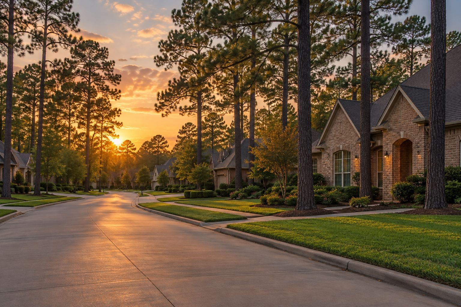A The Woodlands residential street at sunset, illustrative