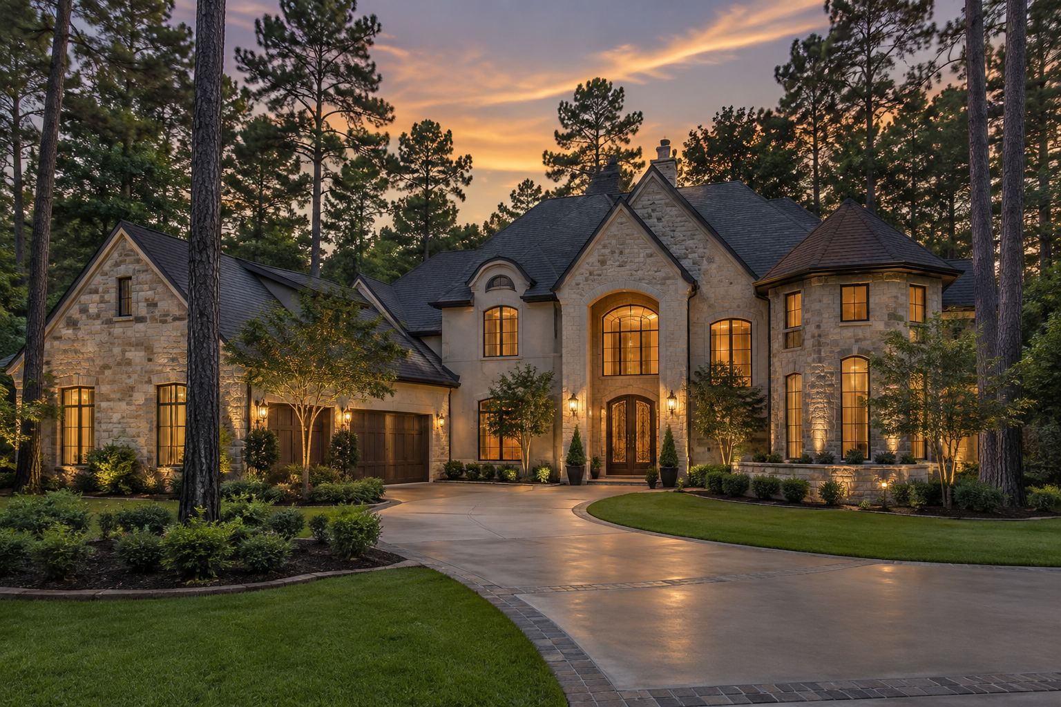 A The Woodlands home at dusk, illustrative
