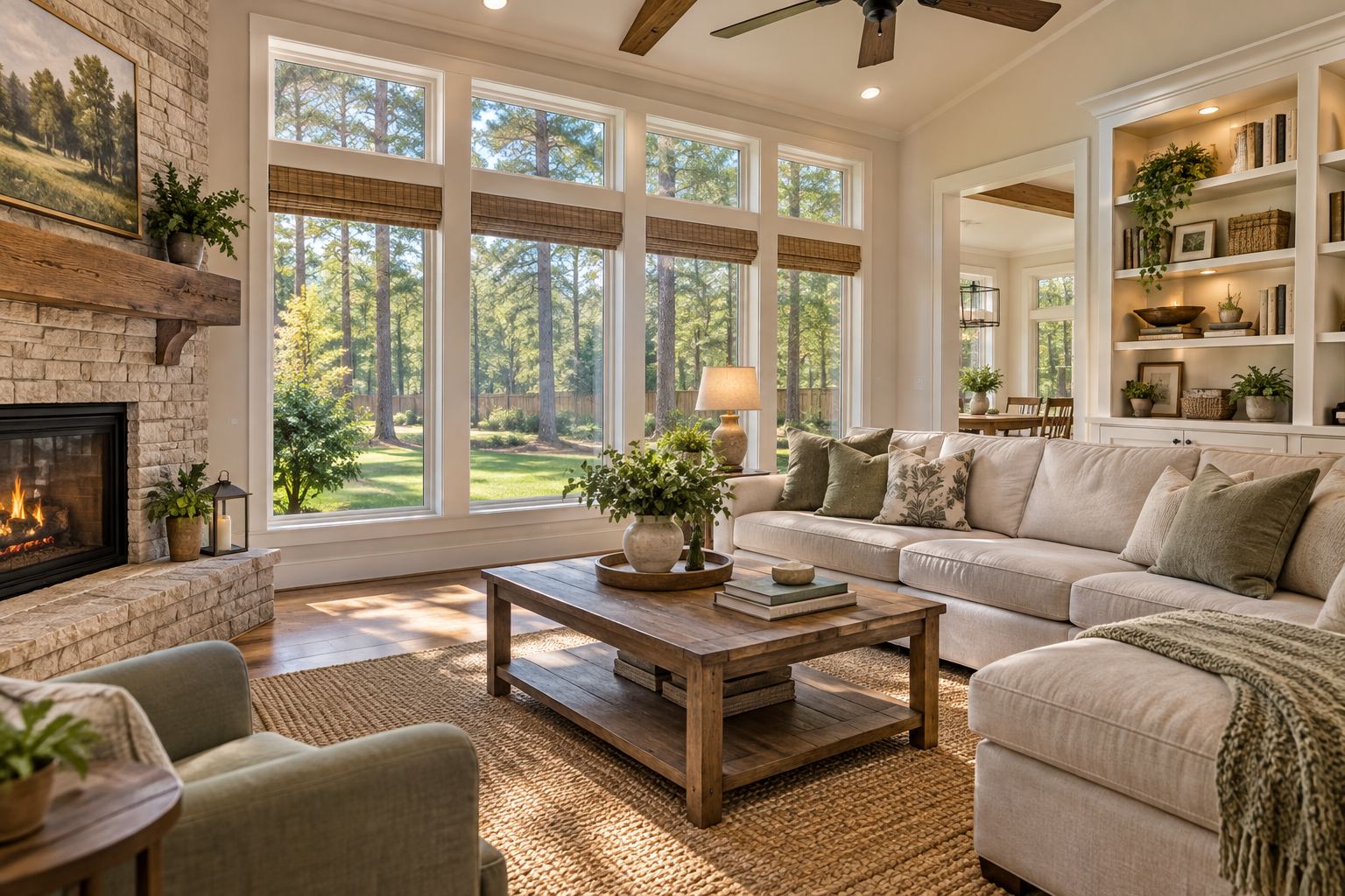 A cozy The Woodlands living room, illustrative